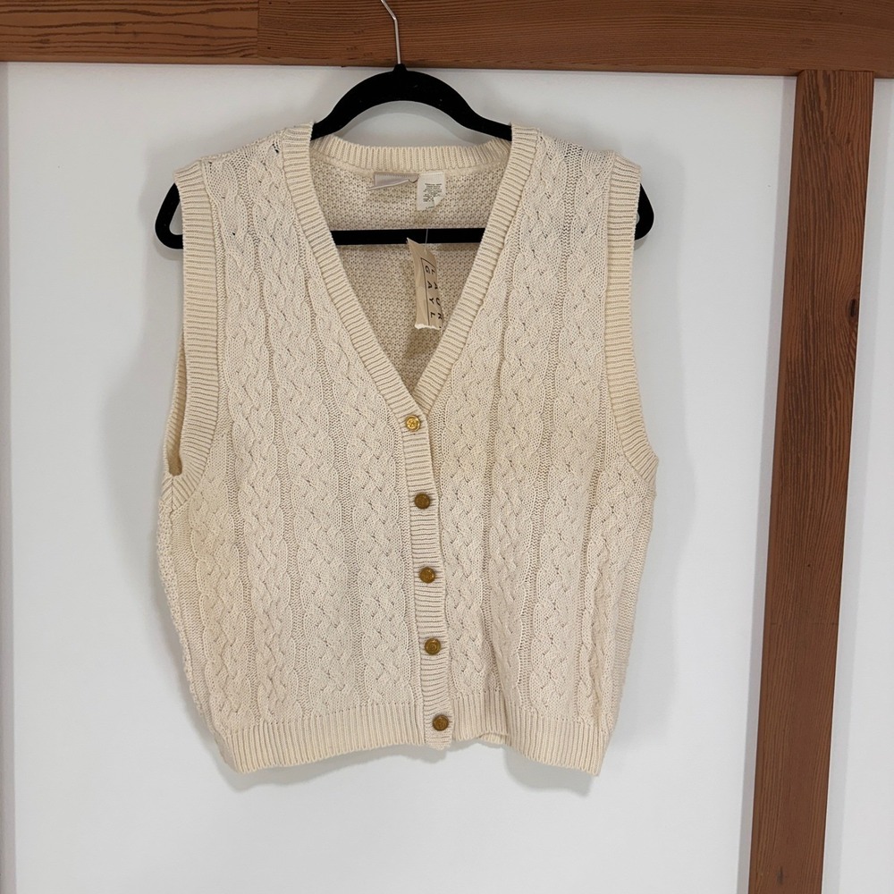 Vintage Laura Gayle Cable Knit Cardigan Vest Women Large Gold Buttons Academia
